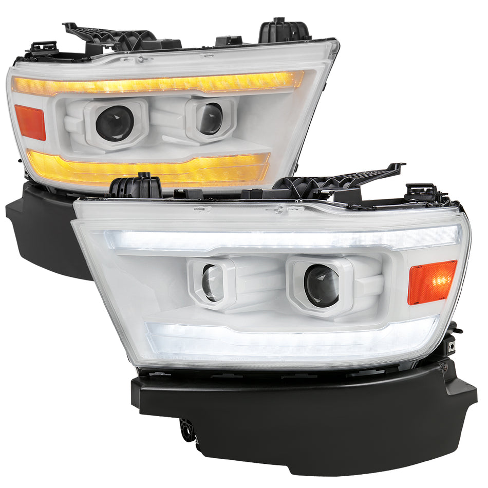 2019-2024 Dodge RAM 1500 Switchback Sequential LED Turn Signal Projector Headlights (White Housing/Clear Lens)