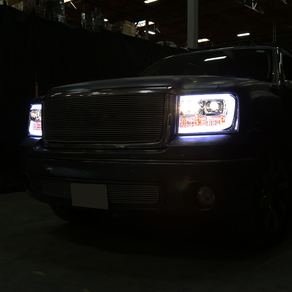 2007-2013 GMC Sierra 1500 / 2007-2014 Sierra 1500HD 2500HD 3500HD / 2009-2013 Sierra 1500 Hybrid LED C-Bar Projector Headlights (Chrome Housing/Clear Lens)