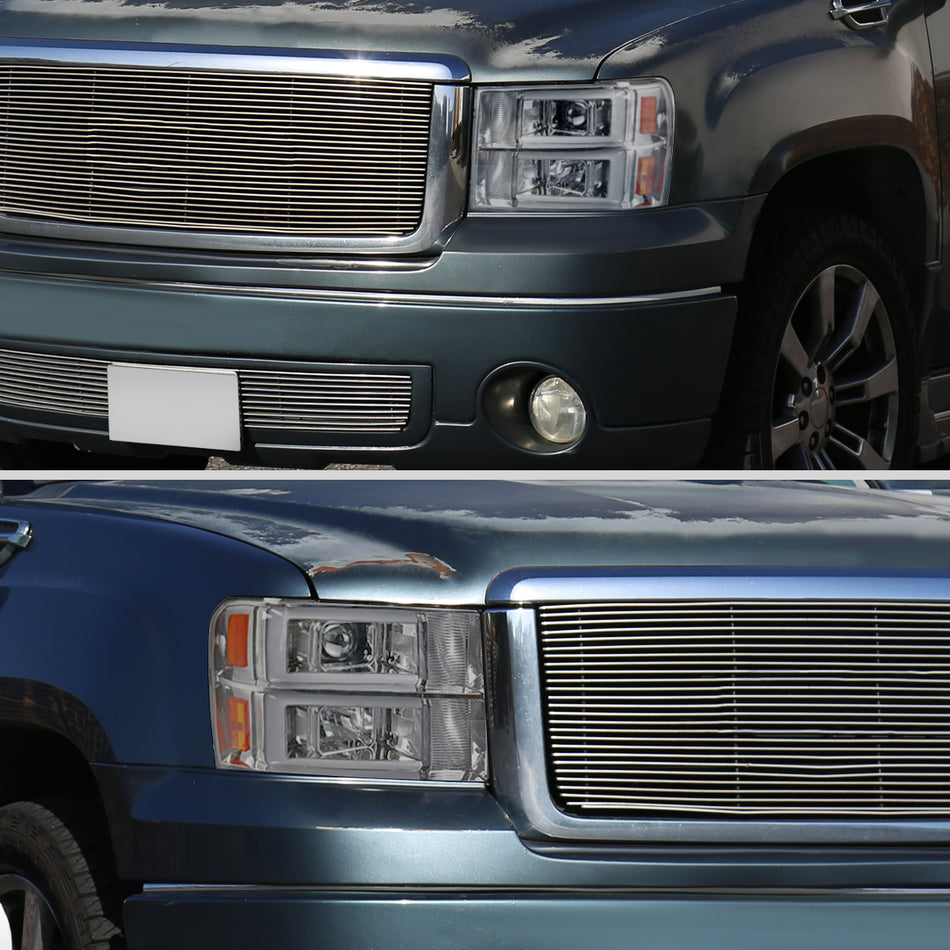 2007-2013 GMC Sierra / 2007-2014 Sierra 1500HD 2500HD 3500HD / 2009-2013 Sierra 1500 Hybrid Dual LED C-Bar Projector Headlights (Chrome Housing/Clear Lens)