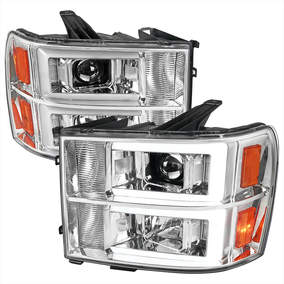 2007-2013 GMC Sierra / 2007-2014 Sierra 1500HD 2500HD 3500HD / 2009-2013 Sierra 1500 Hybrid Dual LED C-Bar Projector Headlights (Chrome Housing/Clear Lens)