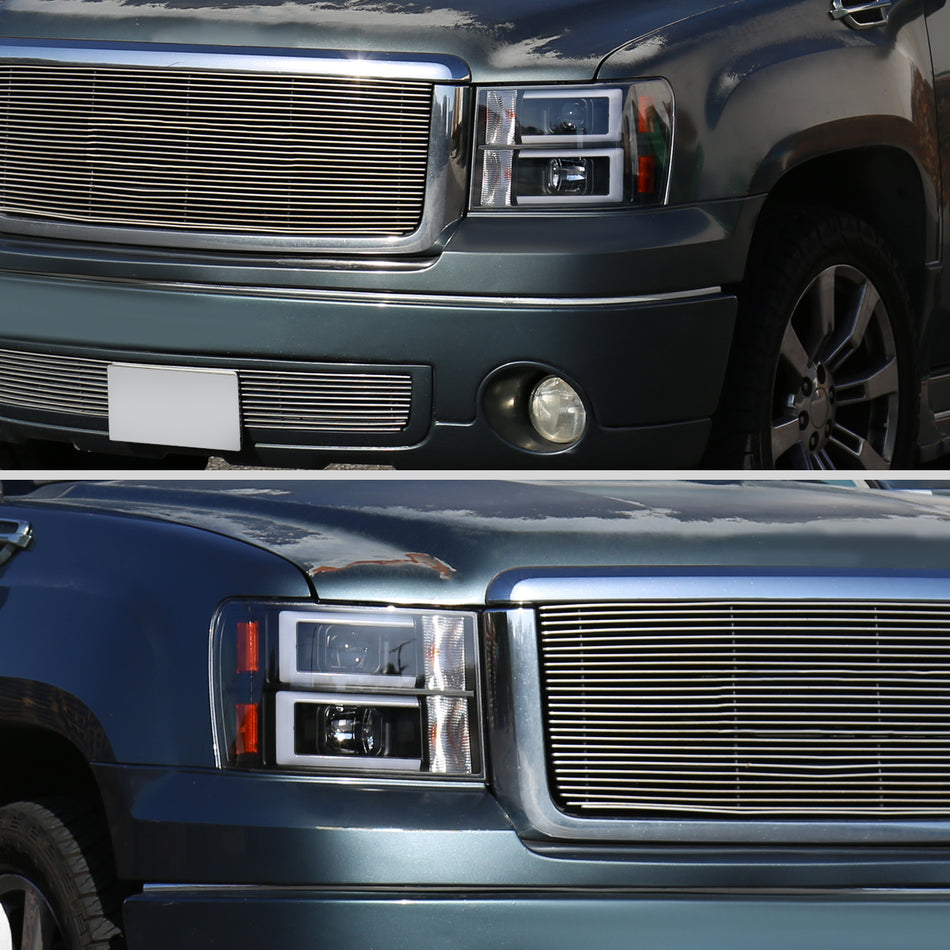 2007-2013 GMC Sierra / 2007-2014 Sierra 1500HD 2500HD 3500HD / 2009-2013 Sierra 1500 Hybrid Dual LED C-Bar Projector Headlights (Matte Black Housing/Clear Lens)