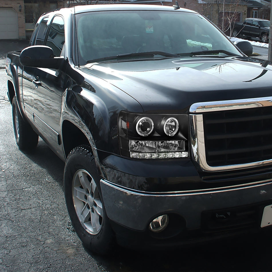 2007-2014 GMC Sierra SMD Dual Halo Projector Headlights (Matte Black Housing/Clear Lens)