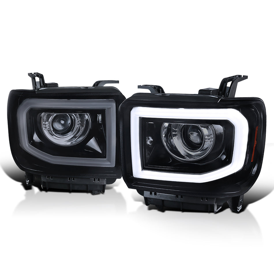 2014-2019 GMC Sierra 1500/2500/3500 LED Bar Projector Headlights w/ LED Turn Signals Lights (Glossy Black Housing/Smoked Lens)
