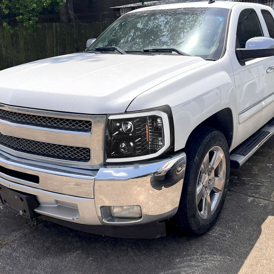 2007-2014 Chevrolet Silverado 1500/2500HD/3500HD LED C-Bar Projector Headlights (Jet Black Housing/Clear Lens)