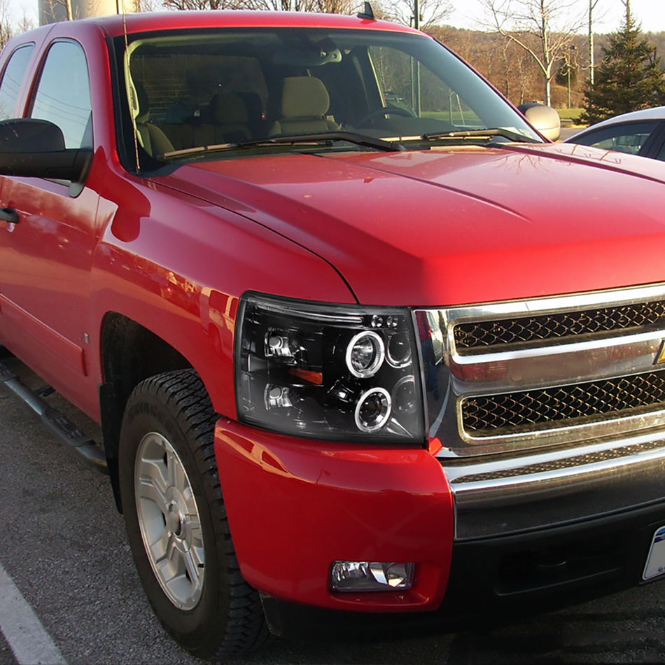 2007-2013 Chevrolet Silverado 1500/ 2007-2014 Silverado 2500HD 3500HD Dual Halo Projector Headlights (Jet Black Housing/Clear Lens)