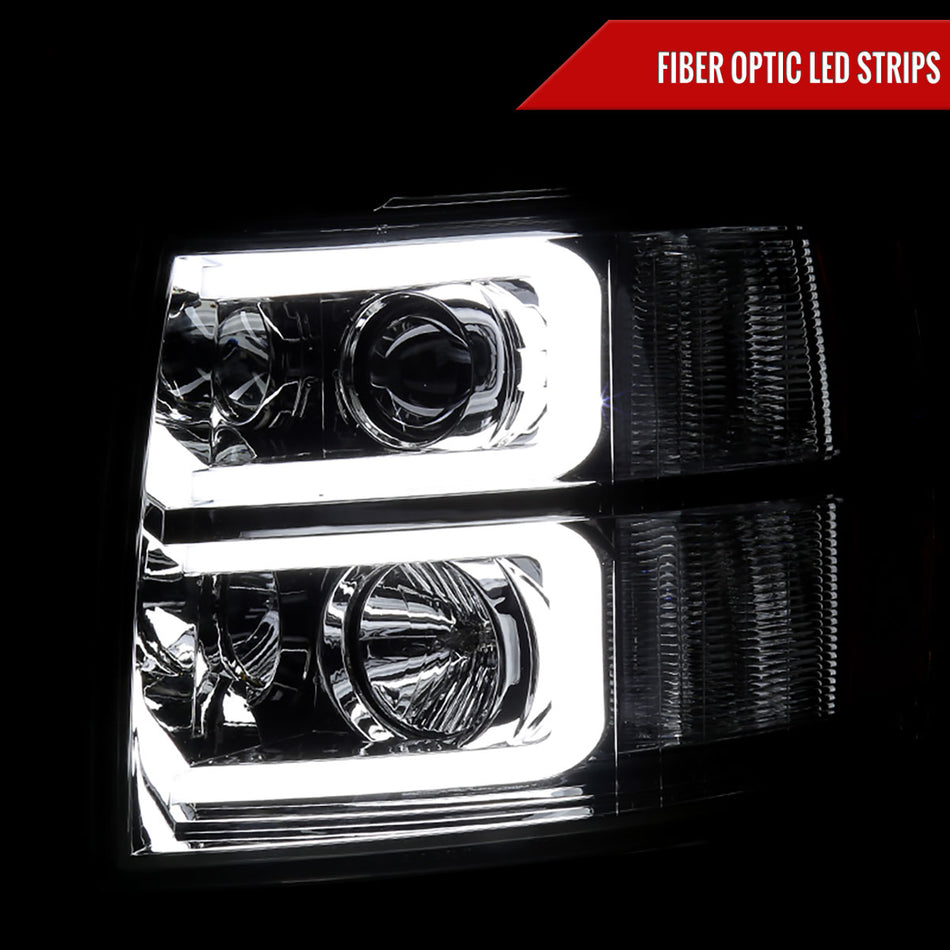 2007-2013 Chevrolet Silverado 1500/ 2007-2014 Silverado 2500HD 3500HD Dual LED C-Bar Projector Headlights (Chrome Housing/Smoked Lens)