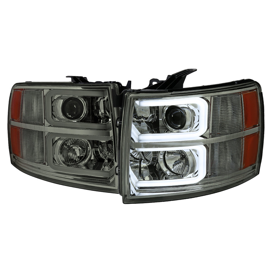 2007-2013 Chevrolet Silverado 1500/ 2007-2014 Silverado 2500HD 3500HD Dual LED C-Bar Projector Headlights (Chrome Housing/Smoked Lens)