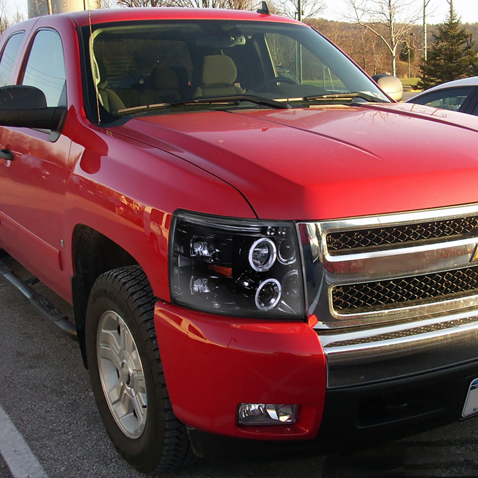 2007-2013 Chevrolet Silverado 1500/ 2007-2014 Silverado 2500HD 3500HD Dual Halo Projector Headlights (Glossy Black Housing/Smoked Lens)