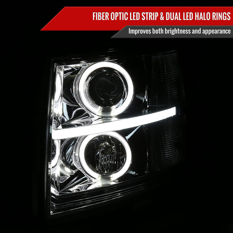 2007-2013 Chevrolet Silverado 1500/ 2007-2014 Silverado 2500HD 3500HD Dual Halo Projector Headlights w/ LED Light Bar (Chrome Housing/Smoked Lens)