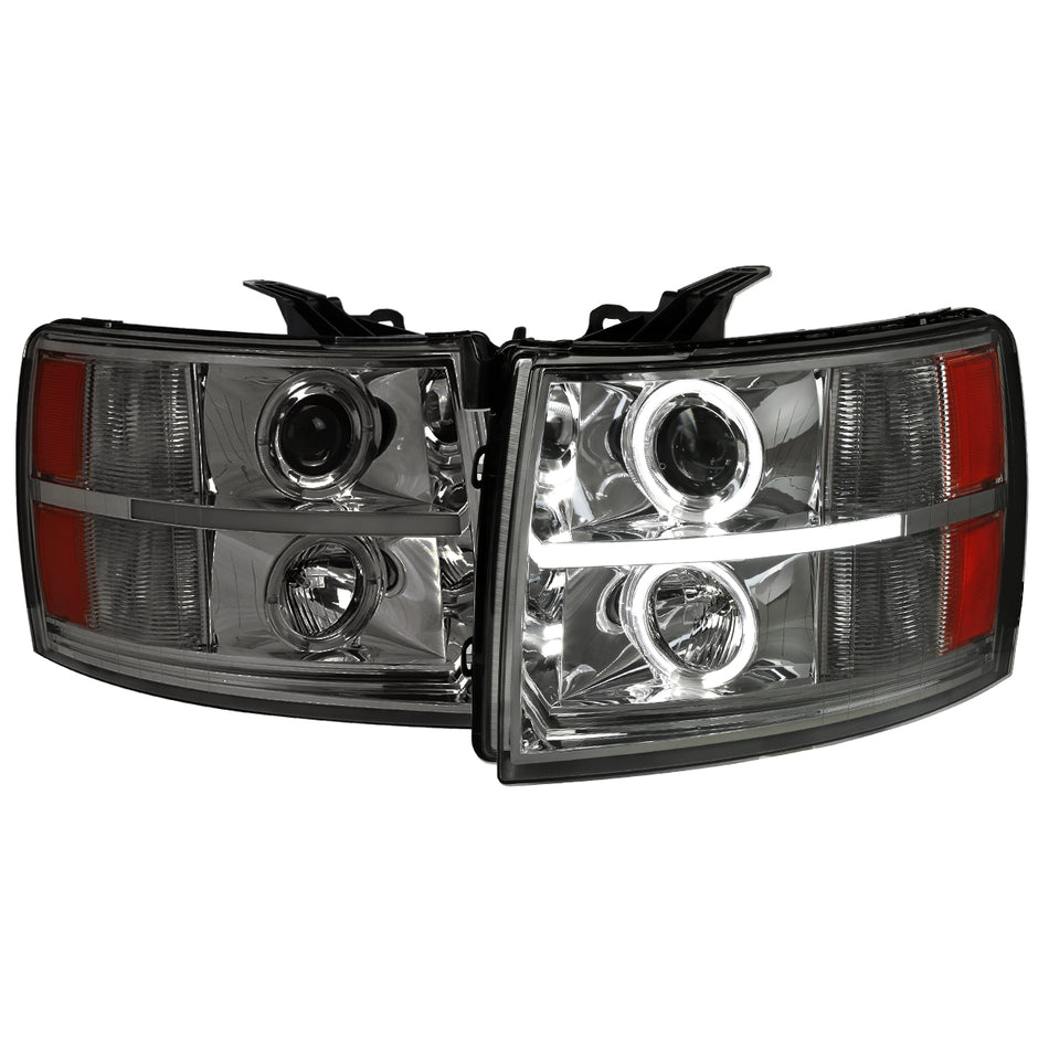 2007-2013 Chevrolet Silverado 1500/ 2007-2014 Silverado 2500HD 3500HD Dual Halo Projector Headlights w/ LED Light Bar (Chrome Housing/Smoked Lens)