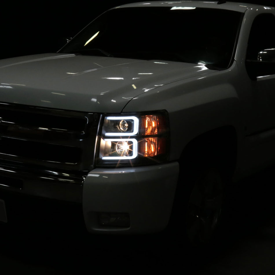 2007-2013 Chevrolet Silverado 1500/ 2007-2014 Silverado 2500HD 3500HD Dual LED C-Bar Projector Headlights (Matte Black Housing/Clear Lens)
