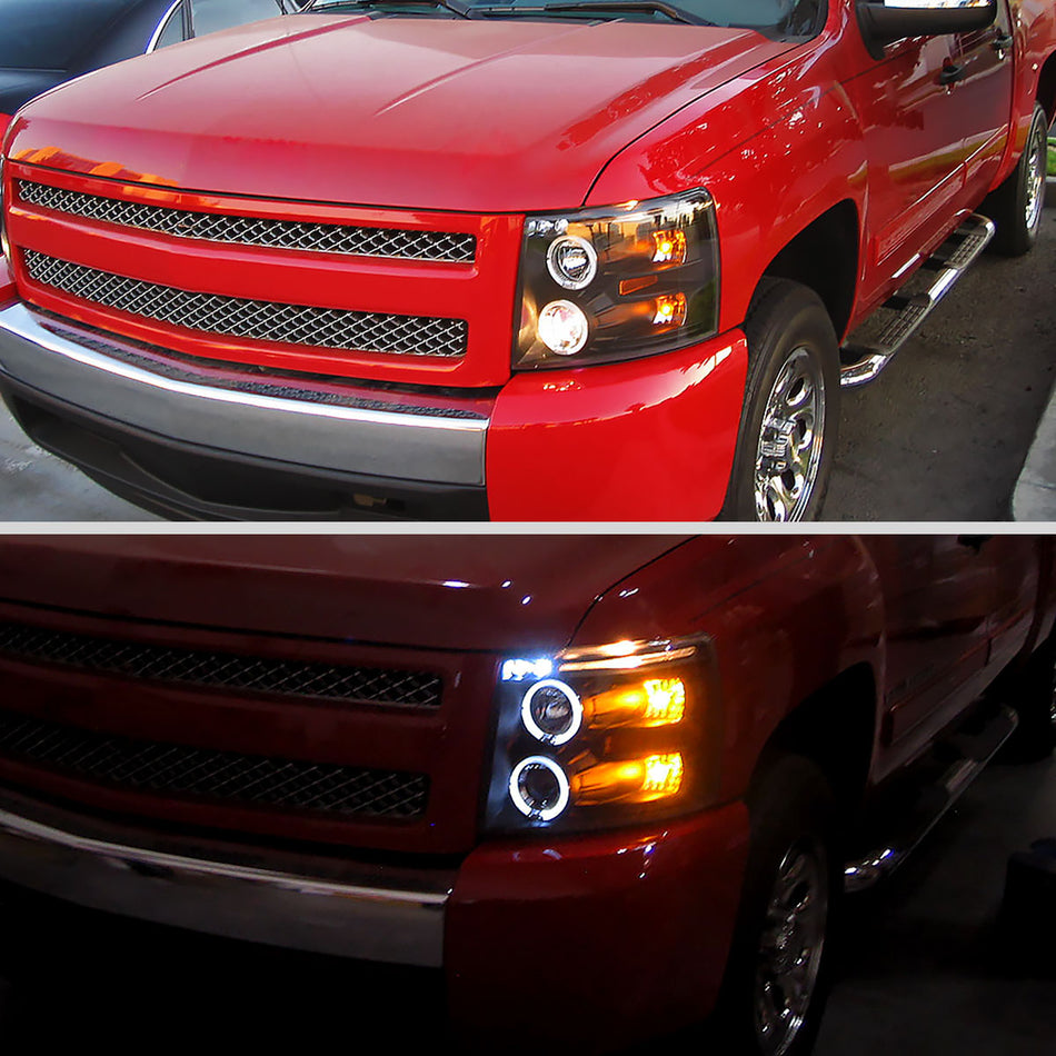 2007-2013 Chevrolet Silverado 1500/ 2007-2014 Silverado 2500HD 3500HD Dual Halo Projector Headlights (Matte Black Housing/Clear Lens)