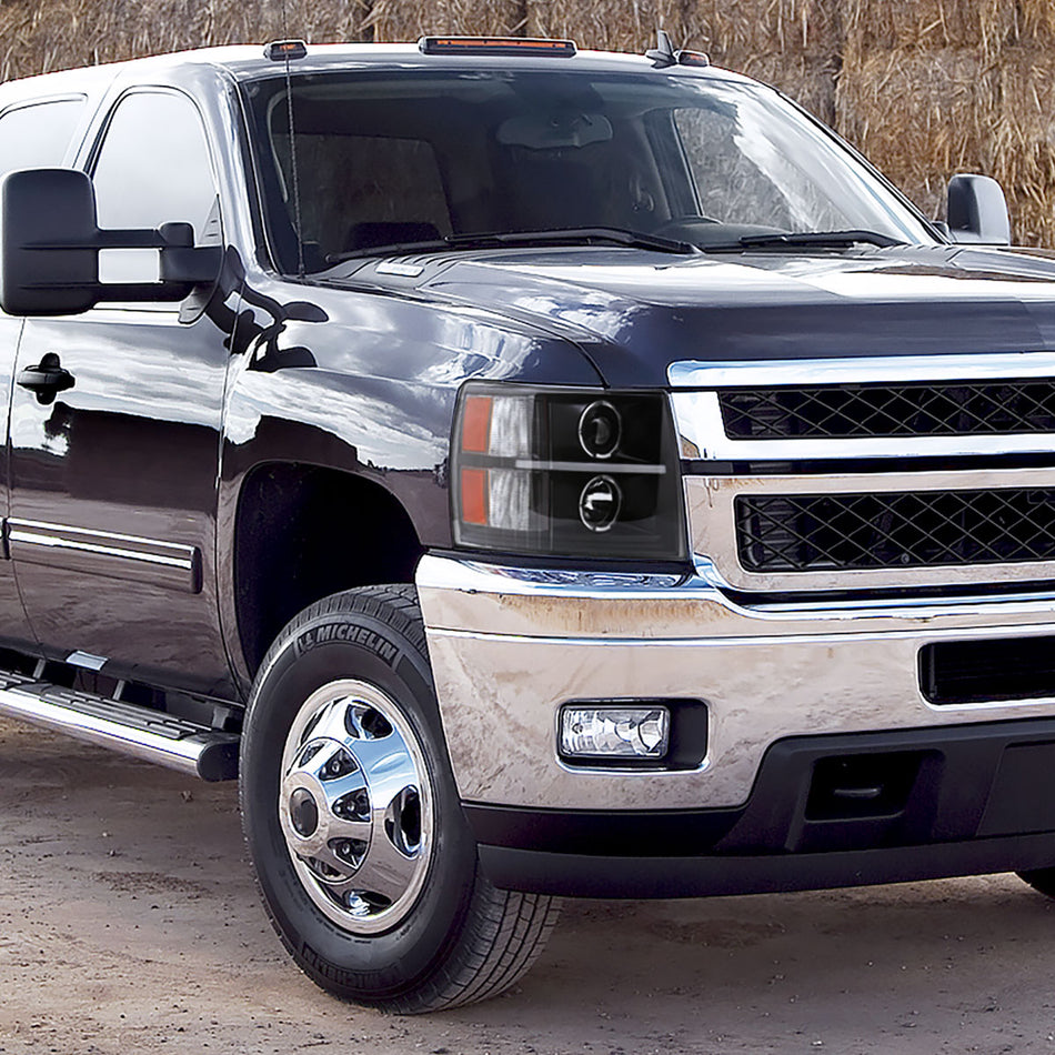 2007-2013 Chevrolet Silverado 1500/ 2007-2014 Silverado 2500HD 3500HD Dual Halo Projector w/ LED Light Bar Headlights (Matte Black Housing/Clear Lens)