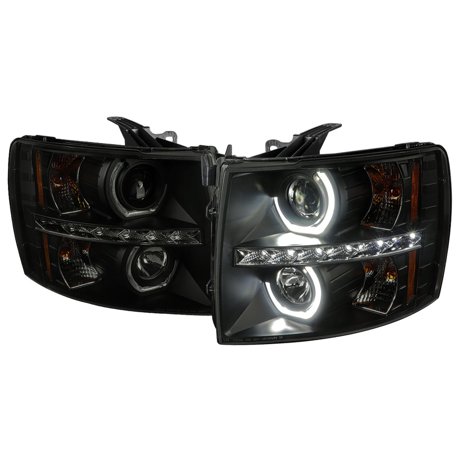 2007-2013 Chevrolet Silverado 1500/ 2007-2014 Silverado 2500HD 3500HD Dual U-Ring Halo Projector Headlights w/ LED Light Strip (Matte Black Housing/Smoked Lens)