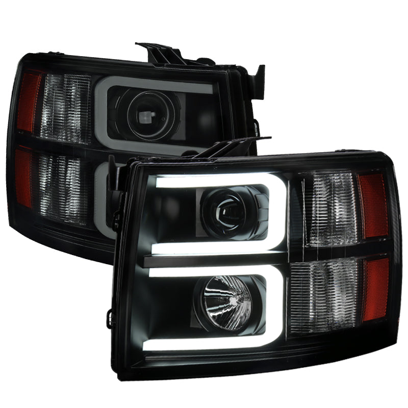 2007-2013 Chevrolet Silverado 1500/ 2007-2014 Silverado 2500HD 3500HD Dual LED C-Bar Projector Headlights (Black Housing/Smoked Lens)