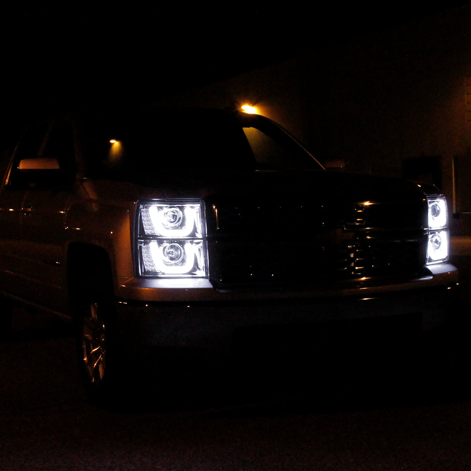 2014-2015 Chevrolet Silverado 1500 Dual LED U-Bar Projector Headlights w/ LED Turn Signal Lights (Chrome Housing/Clear Lens)