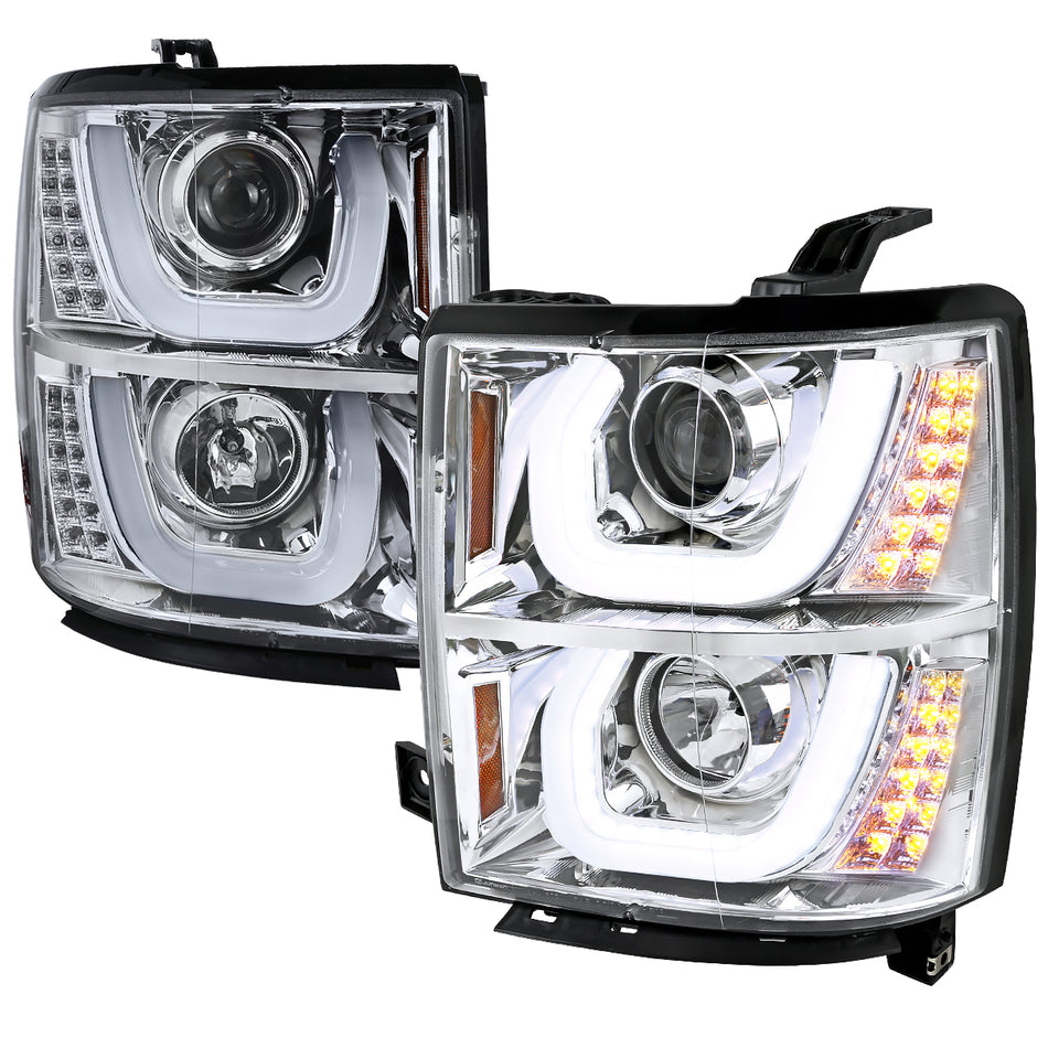 2014-2015 Chevrolet Silverado 1500 Dual LED U-Bar Projector Headlights w/ LED Turn Signal Lights (Chrome Housing/Clear Lens)