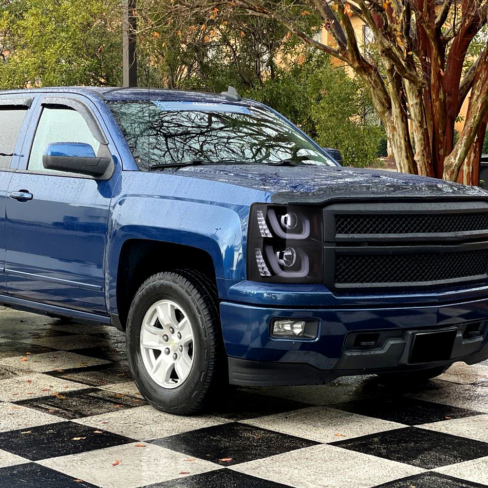 2014-2015 Chevrolet Silverado 1500 LED U-Bar Projector Headlights w/ LED Turn Signal Lights (Glossy Black Housing/Smoked Lens)