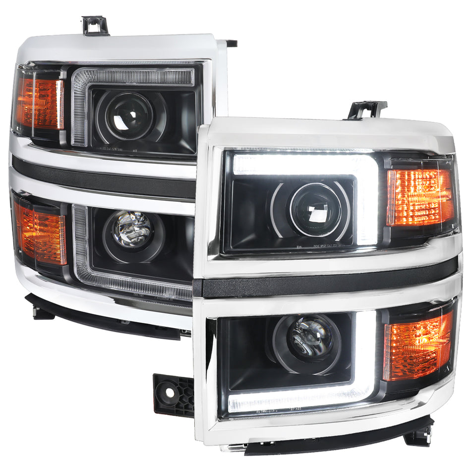 2014-2015 Chevrolet Silverado 1500 Projector Headlights w/ LED DRL (Matte Black Housing / Chrome Trim / Clear Lens)