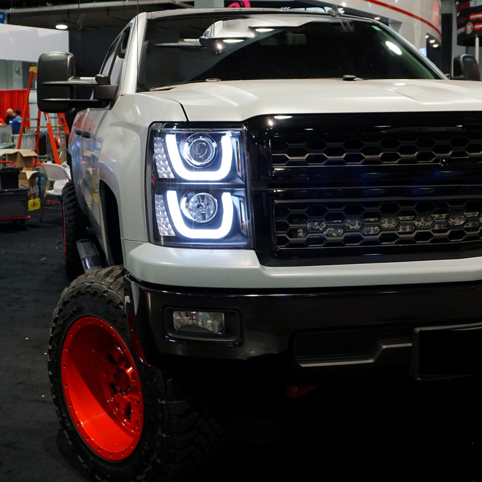 2014-2015 Chevrolet Silverado 1500 LED U-Bar Projector Headlights w/ LED Turn Signal Lights (Matte Black Housing/Clear Lens)