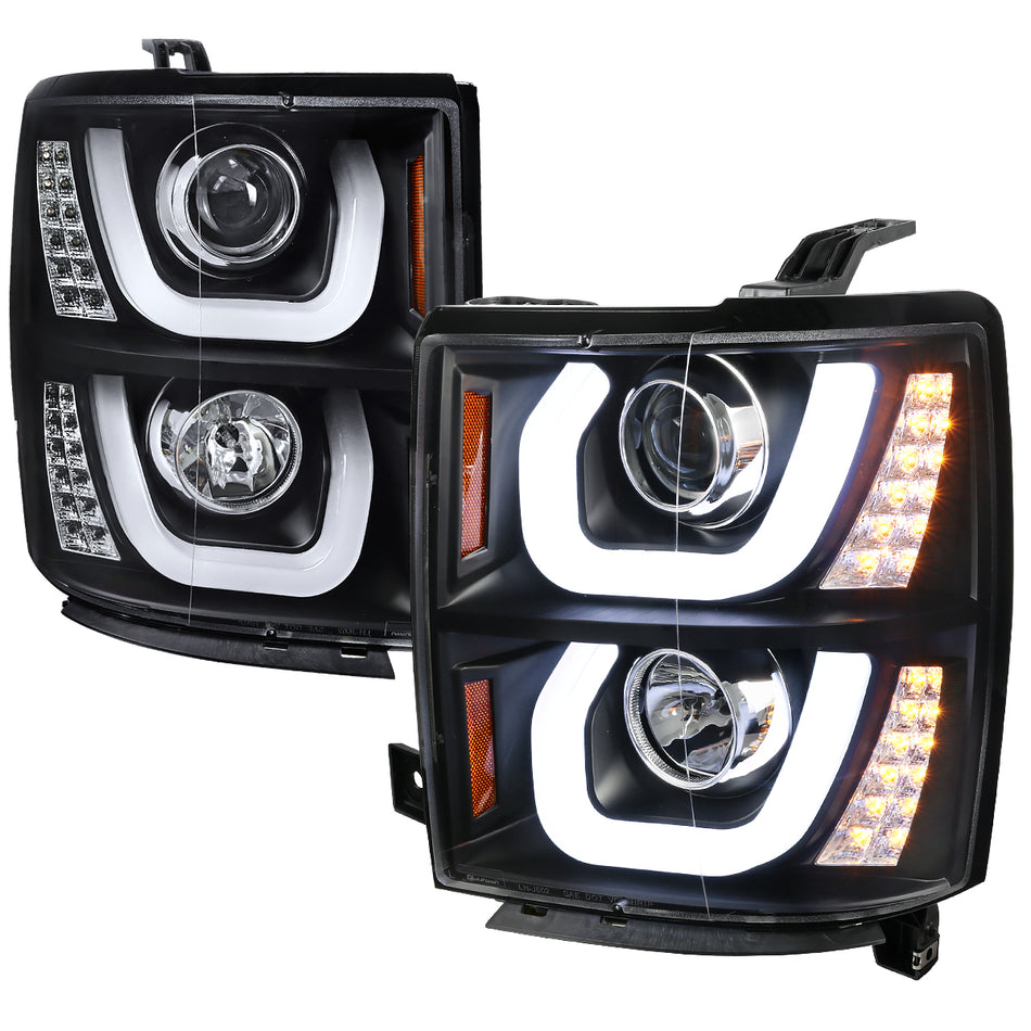 2014-2015 Chevrolet Silverado 1500 LED U-Bar Projector Headlights w/ LED Turn Signal Lights (Matte Black Housing/Clear Lens)