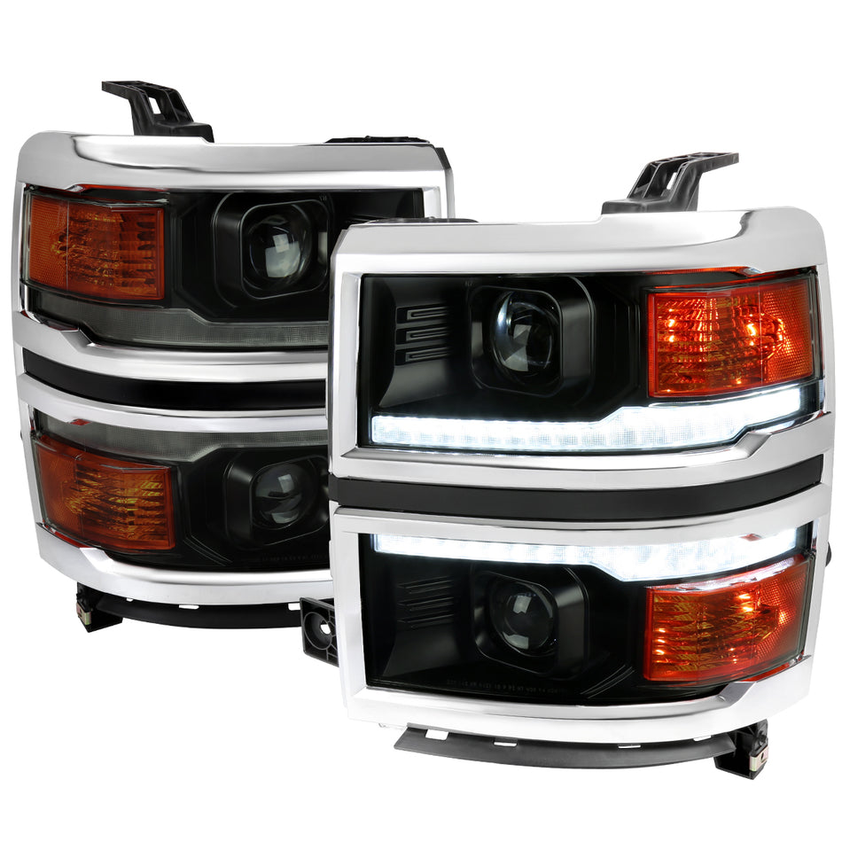 2014-2015 Chevrolet Silverado 1500 Switchback Sequential LED Bar Projector Headlights (Matte Black Housing/Smoked Lens/Chrome Trim)