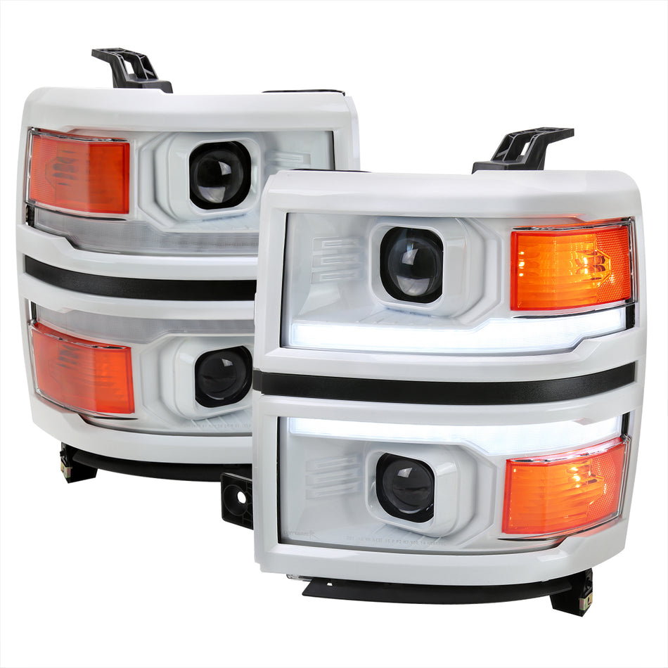 2014-2015 Chevrolet Silverado 1500 Switchback Sequential LED Bar Projector Headlights (White Housing/Clear Lens/Black Trim)