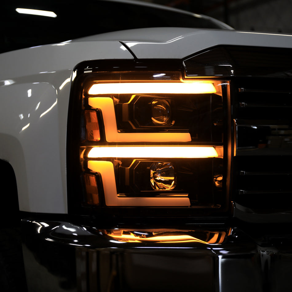 2015-2019 Chevrolet Silverado 2500HD/3500HD Switchback Sequential LED Turn Signal Projector Headlights (Glossy Black Housing/Smoked Lens)