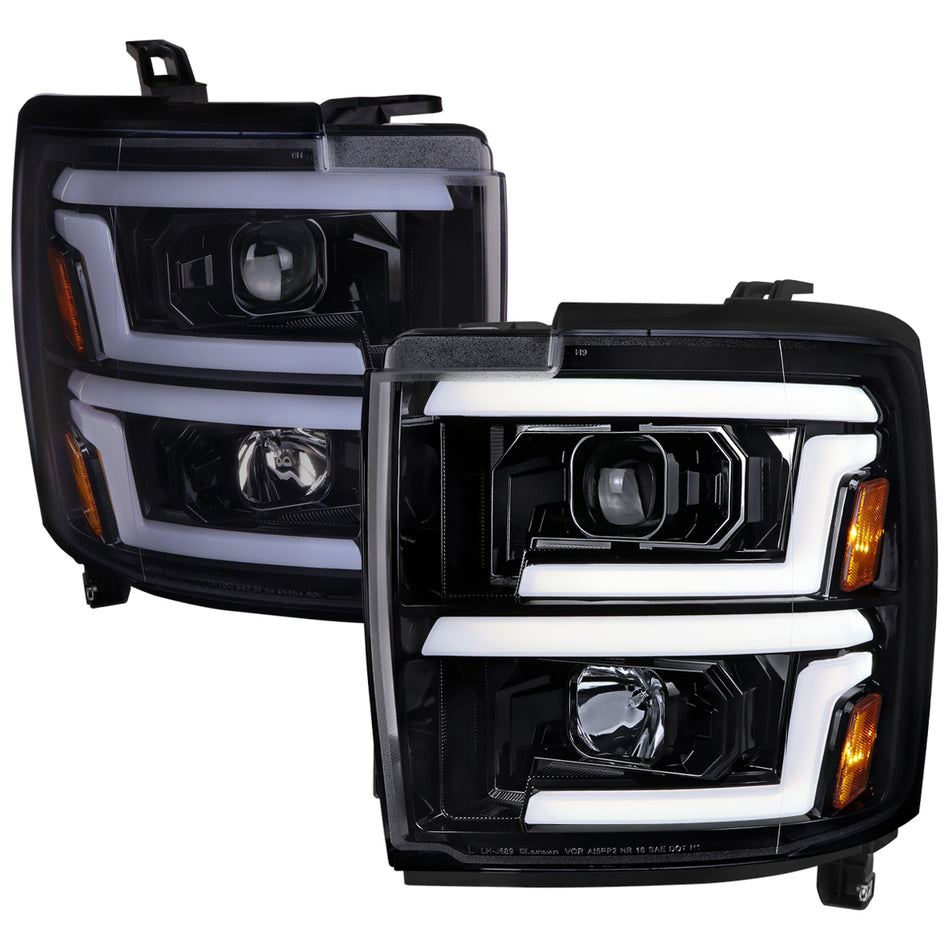 2015-2019 Chevrolet Silverado 2500HD/3500HD Switchback Sequential LED Turn Signal Projector Headlights (Glossy Black Housing/Smoked Lens)