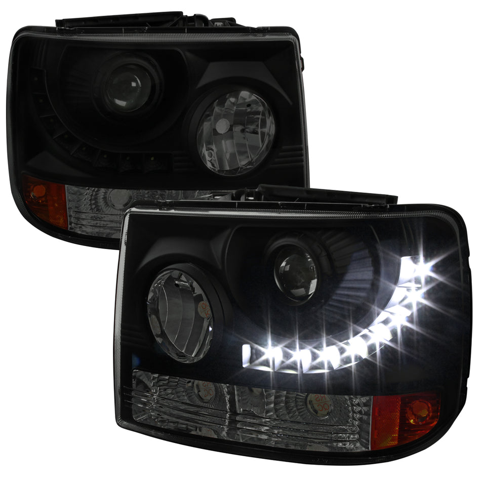 1999-2002 Chevrolet Silverado 1PC Projector Headlights w/ LED Light Strip & Bumper Lights (Black Housing/Smoked Lens)