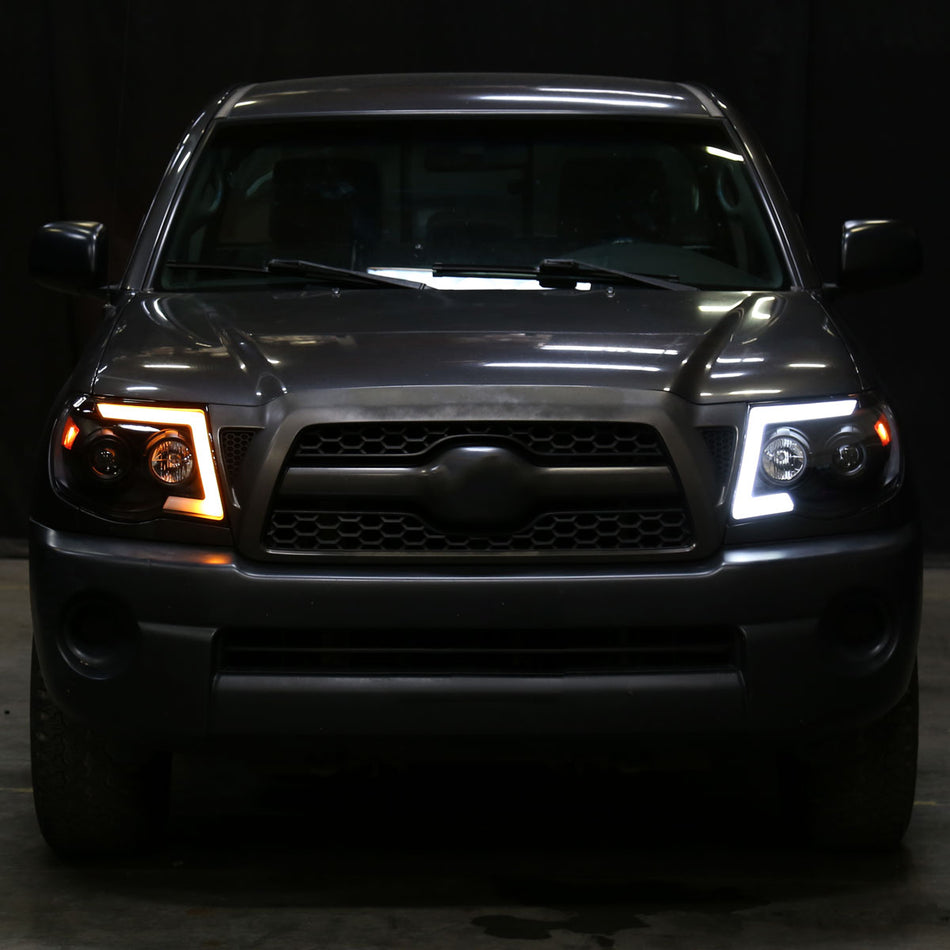 2005-2011 Toyota Tacoma LED Bar Projector Headlights w/ Sequential Turn Signal Lights (Matte Black Housing/Clear Lens)