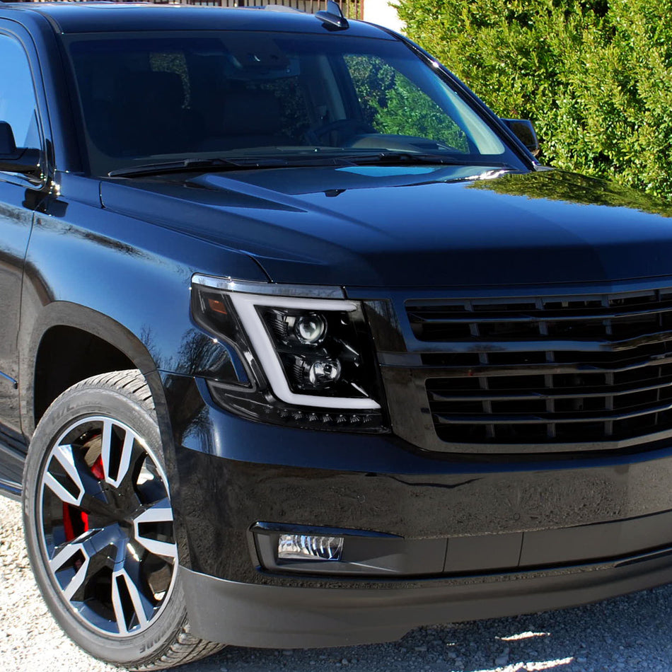 2015-2020 Chevrolet Tahoe Suburban/ 2016-2019 Suburban 3500HD LED C-Bar Projector Headlights w/ LED Turn Signal Lights (Jet Black Housing/Clear Lens)