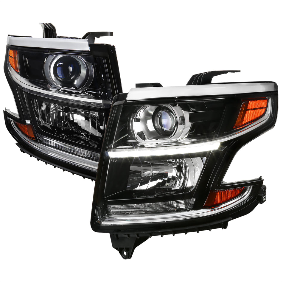 2015-2020 Chevrolet Tahoe/Suburban LED Strip Projector Headlights (Black Housing/Clear Lens)