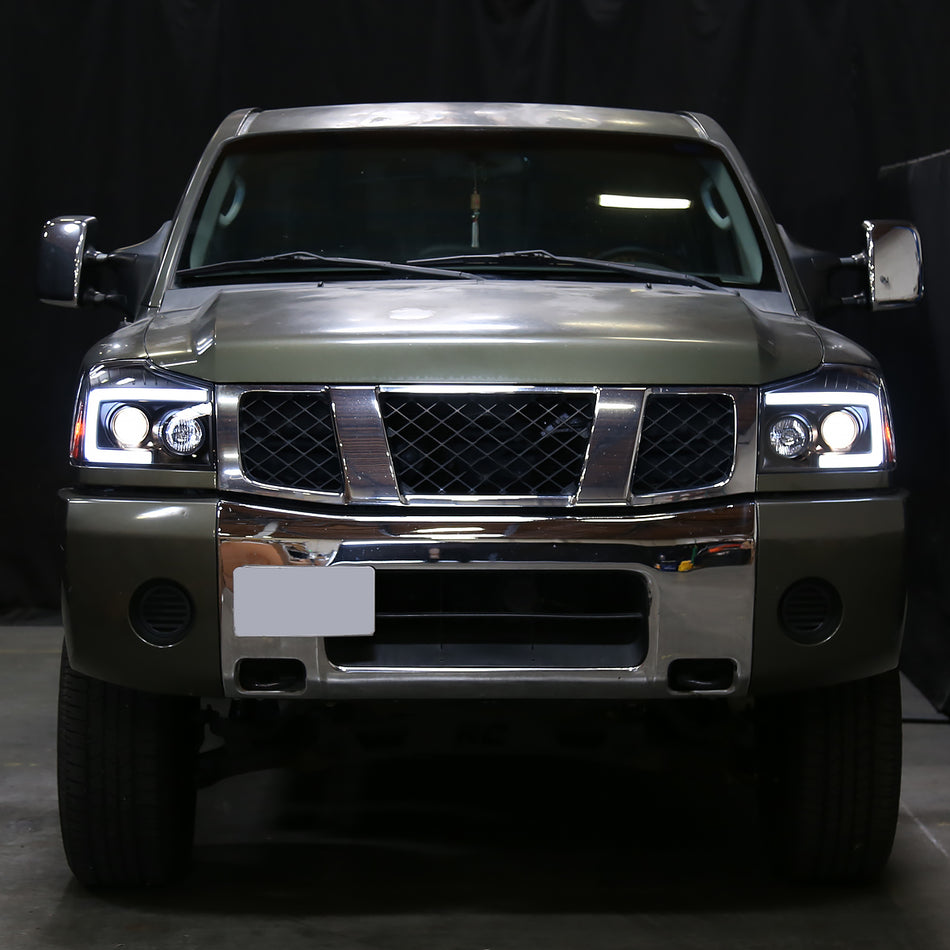 2004-2015 Nissan Titan / 2004-2007 Armada LED C-Bar Projector Headlights w/ Switchback Sequential Turn Signals (Matte Black Housing/Clear Lens)