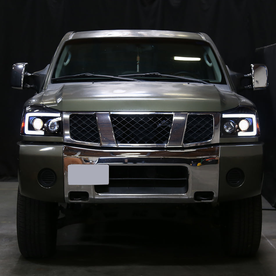 2004-2015 Nissan Titan/ 2004-2007 Armada LED C-Bar Projector Headlights w/ Switchback Sequential Turn Signals (Black Housing/Smoked Lens)