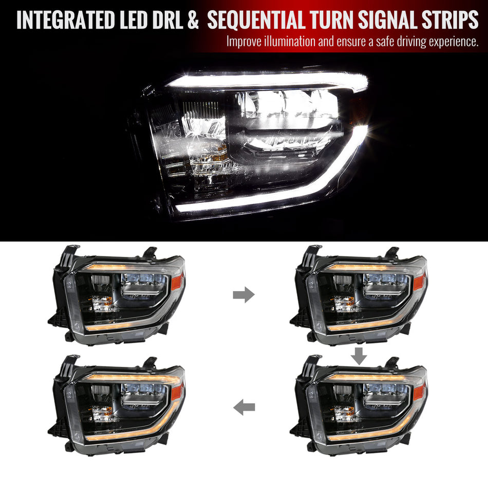2014-2020 Toyota Tundra LED C-Bar Full LED Projector Headlights w/ Switchback Sequential LED Turn Signal Lights (Black Housing/Clear Lens)