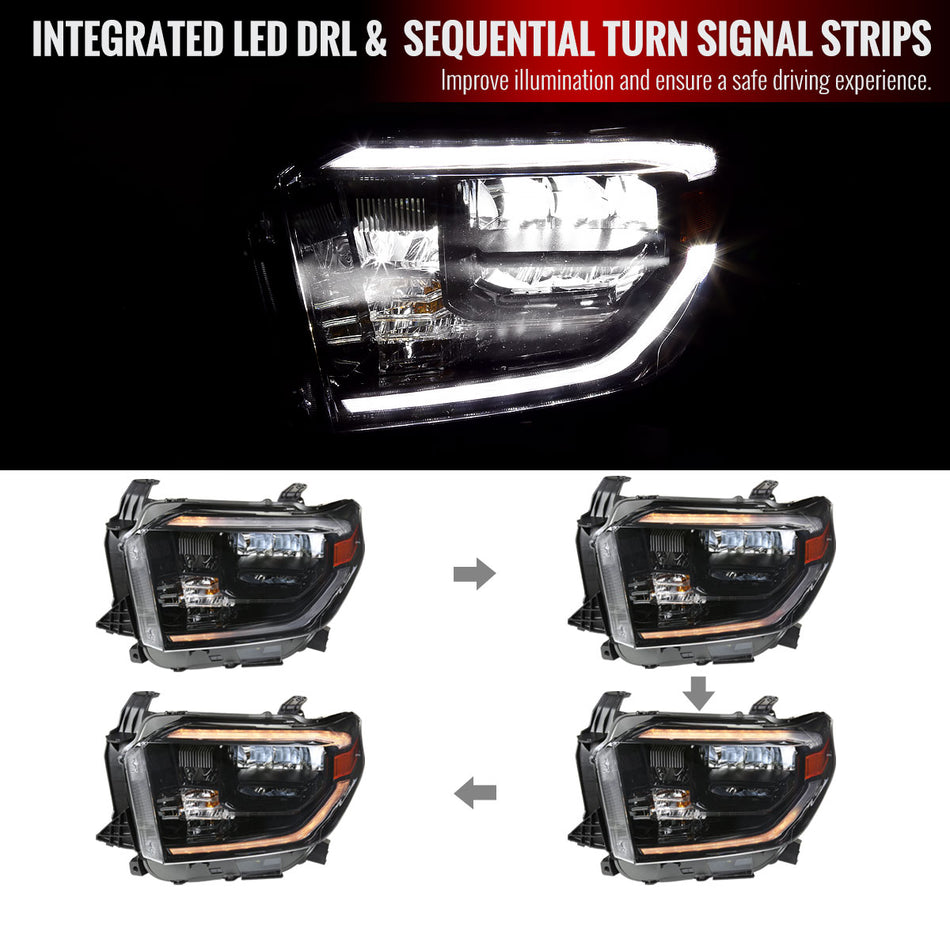 2014-2020 Toyota Tundra LED C-Bar Full LED Projector Headlights w/ Switchback Sequential LED Turn Signal Lights (Chrome Housing/Clear Lens)
