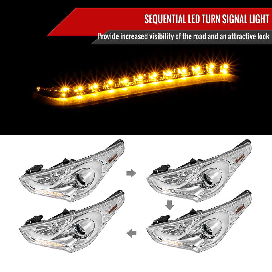 2012-2017 Hyundai Veloster LED Light Bar Projector Headlight w/ Sequential Turn Signal Lights (Chrome Housing/Clear Lens)