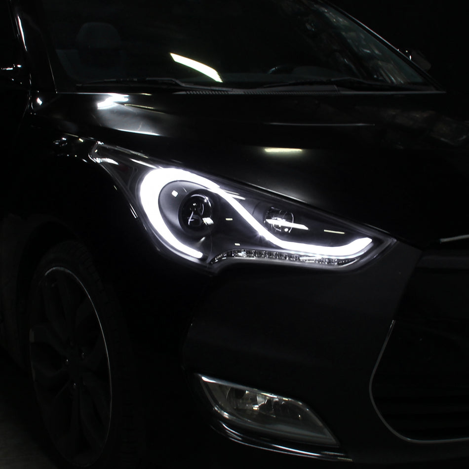 2012-2017 Hyundai Veloster LED Bar Projector Headlight w/ Sequential Turn Signal Lights (Matte Black Housing/Clear Lens)