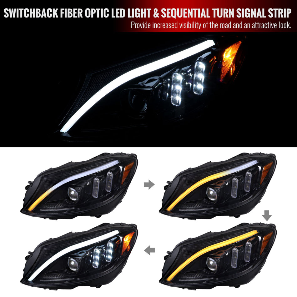 2015-2018 Mercedes-Benz C-Class W205 Switchback Sequential Turn Signal Projector Headlights (Jet Black Housing/Clear Lens)