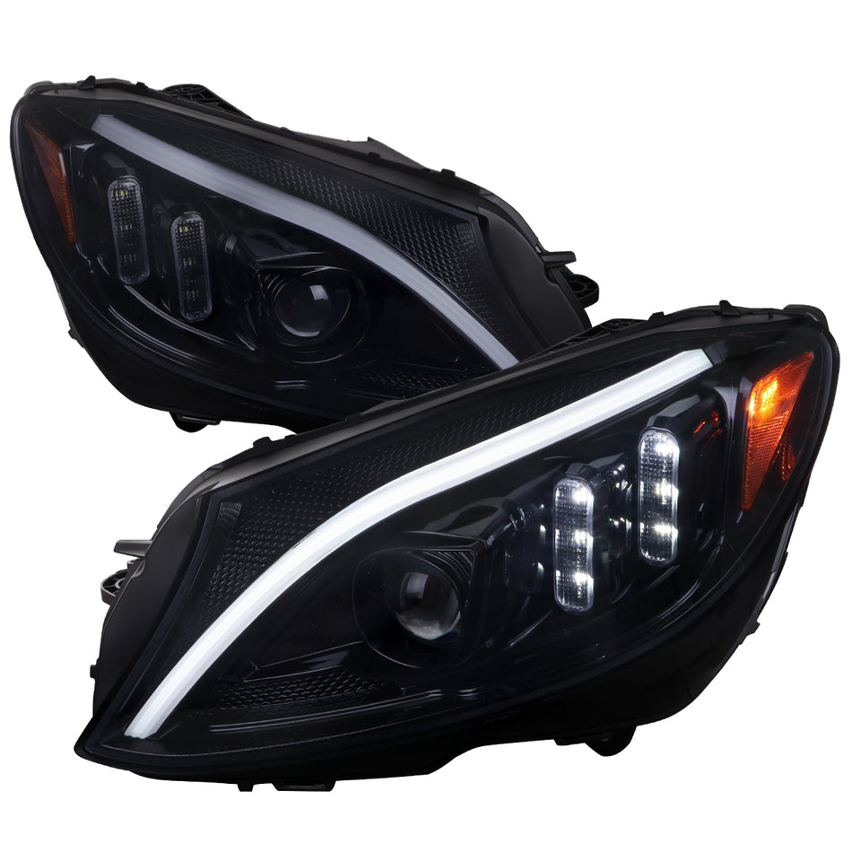 2015-2018 Mercedes-Benz C-Class W205 Switchback Sequential Turn Signal Projector Headlights (Glossy Black Housing/Light Smoked Lens)