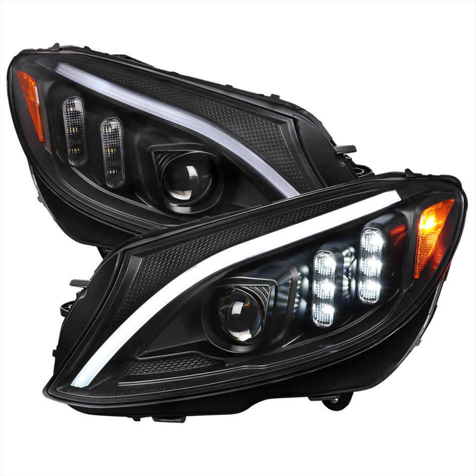 2015-2018 Mercedes-Benz C-Class W205 Switchback Sequential Turn Signal Projector Headlights (Matte Black Housing/Clear Lens)