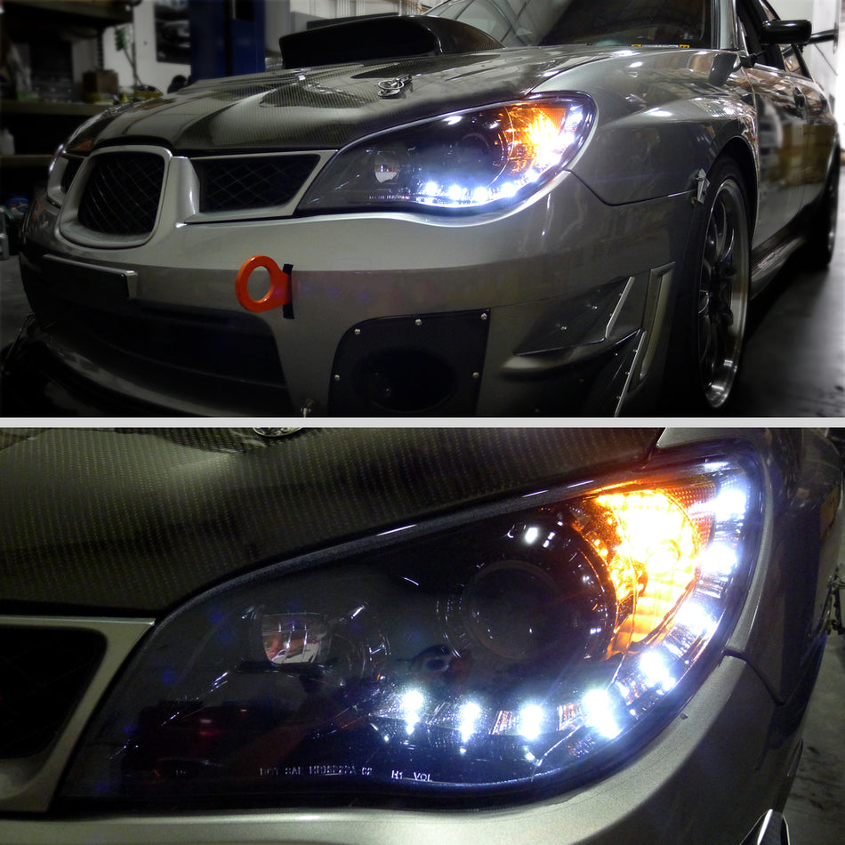 2006-2007 Subaru Impreza WRX/STI Projector Headlights w/ LED Light Strip (Glossy Black Housing/Smoked Lens)