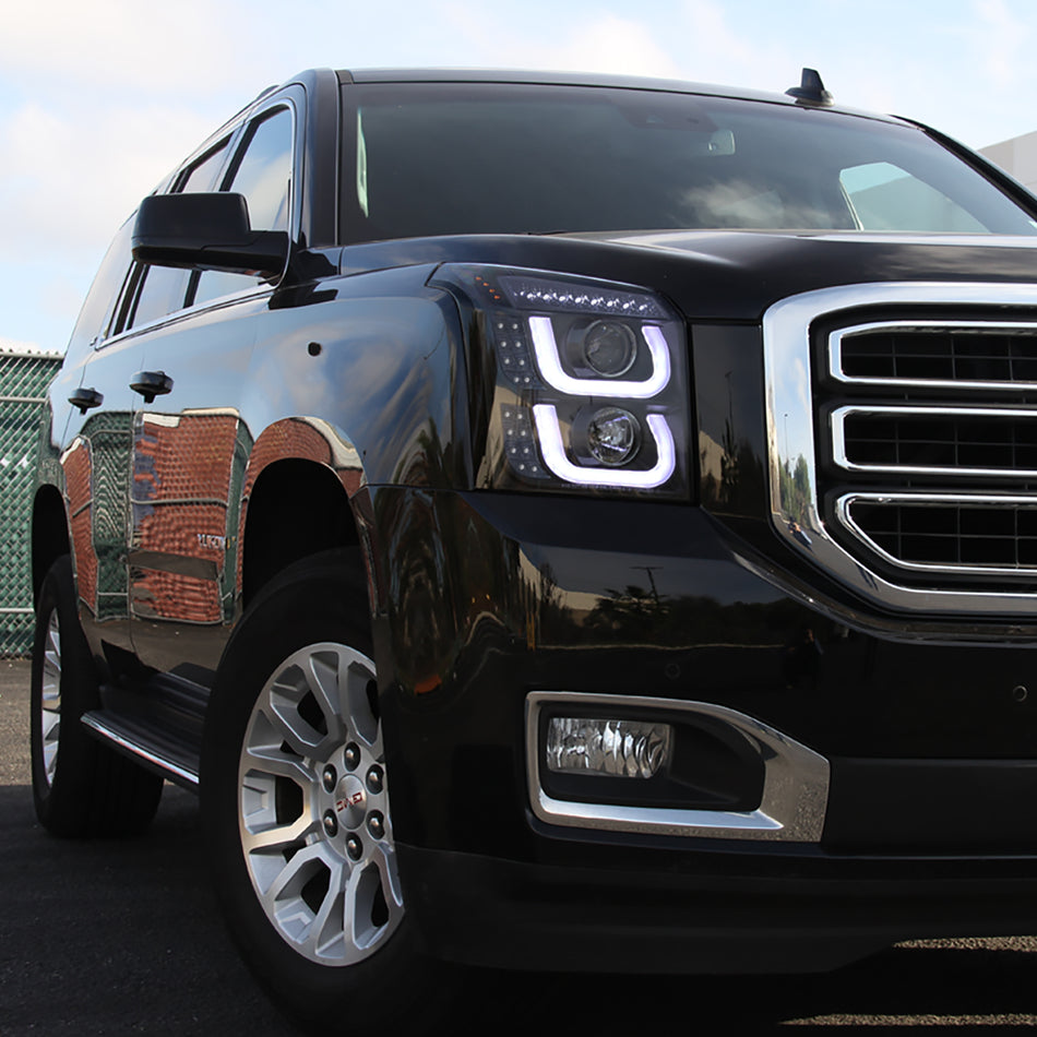 2015-2020 GMC Yukon/Yukon XL LED U-Bar Projector Headlights w/ LED Turn Signal Lights (Glossy Black Housing/Smoked Lens)