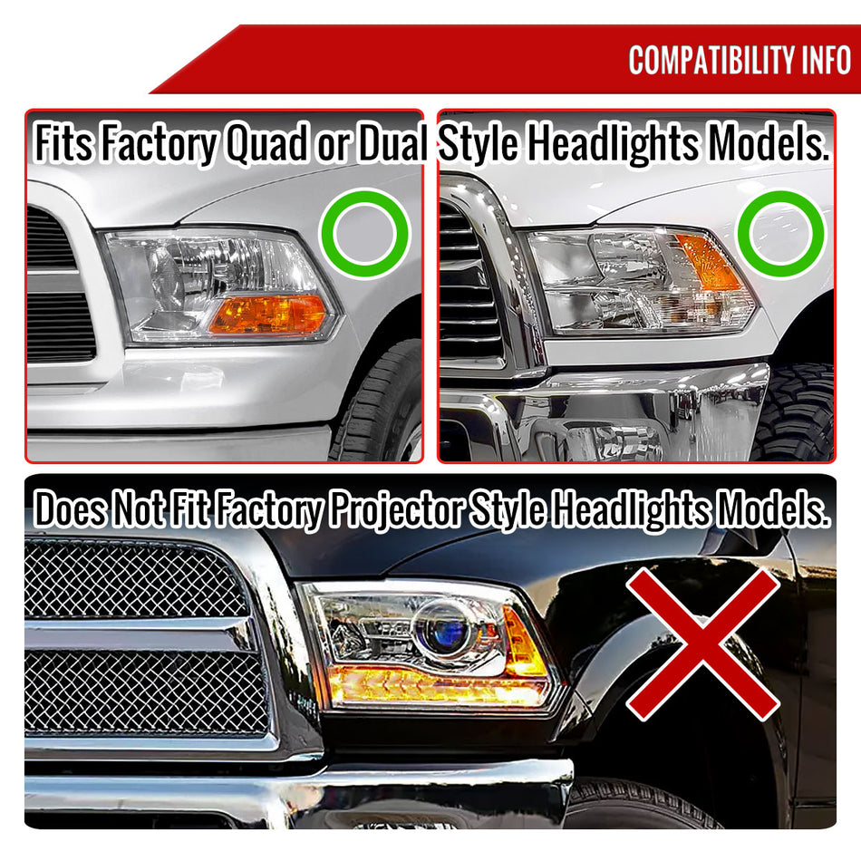 2009-2018 Dodge RAM 1500 / 2019 RAM Classic / 2010-2018 RAM 2500 3500 Projector Headlights w/ Amber LED Sequential Turn Signal (Matte Black Housing/Clear Lens)