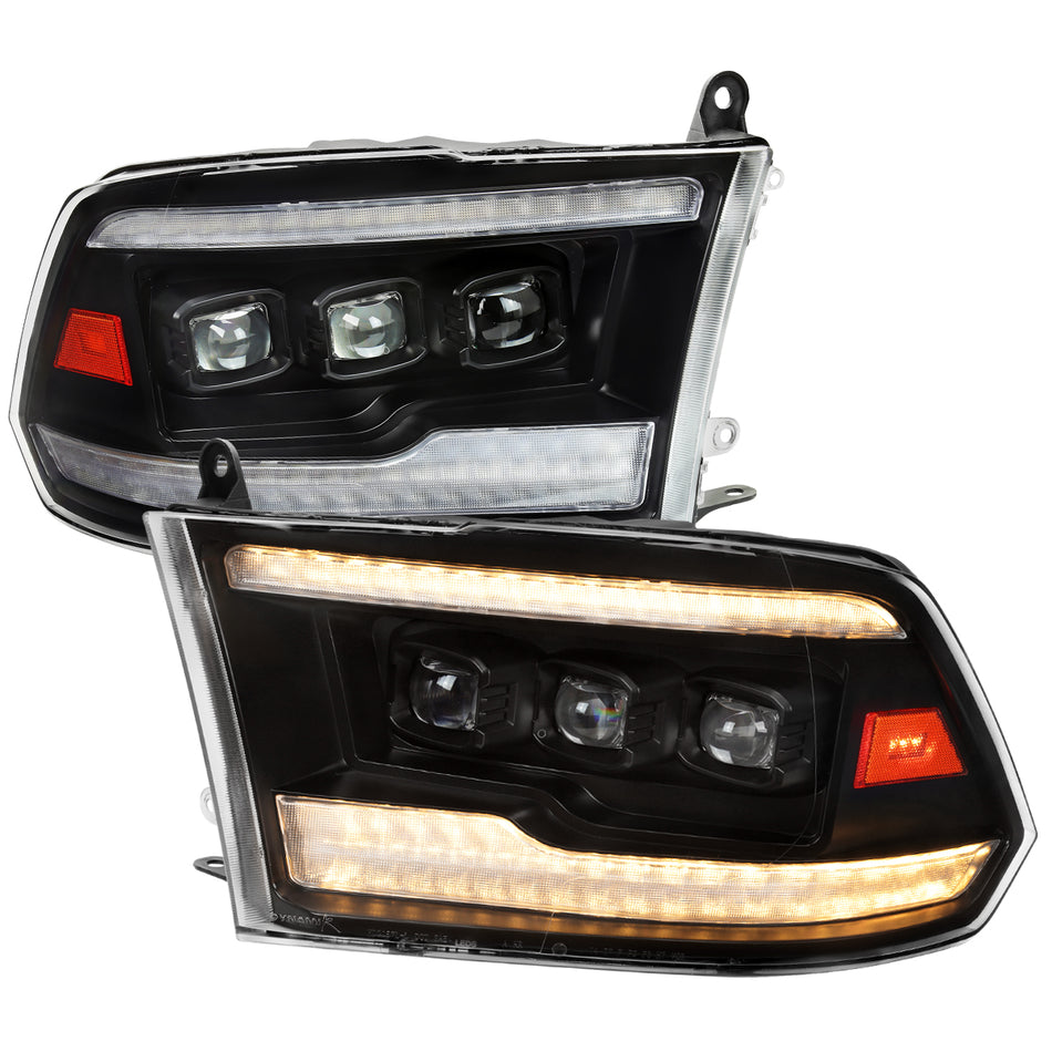 2009-2018 Dodge RAM 1500 / 2019 RAM Classic / 2010-2018 RAM 2500 3500 Switchback Sequential Full Amber LED Projector Headlights (Matte Black Housing/Clear Lens)
