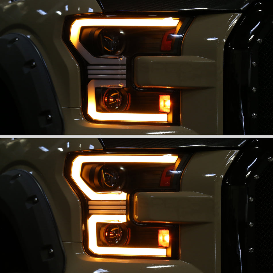 2015–2017 Ford F-150 LED Bar Projector Headlights w/ Amber LED Sequential Turn Signals & Starup Animition (Black Housing / Clear Lens)