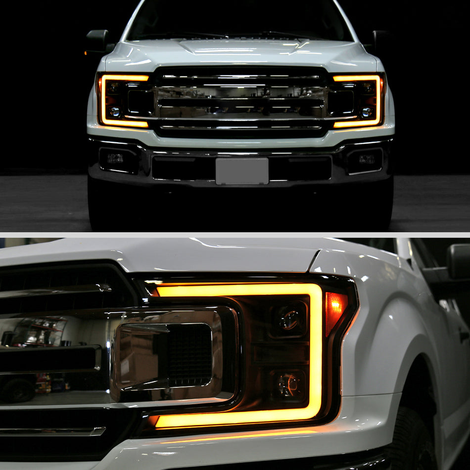 2018-2020 Ford F-150 Projector Headlights w/ Amber LED Sequential Turn Signal Lights (Matte Black Housing / Clear Lens)