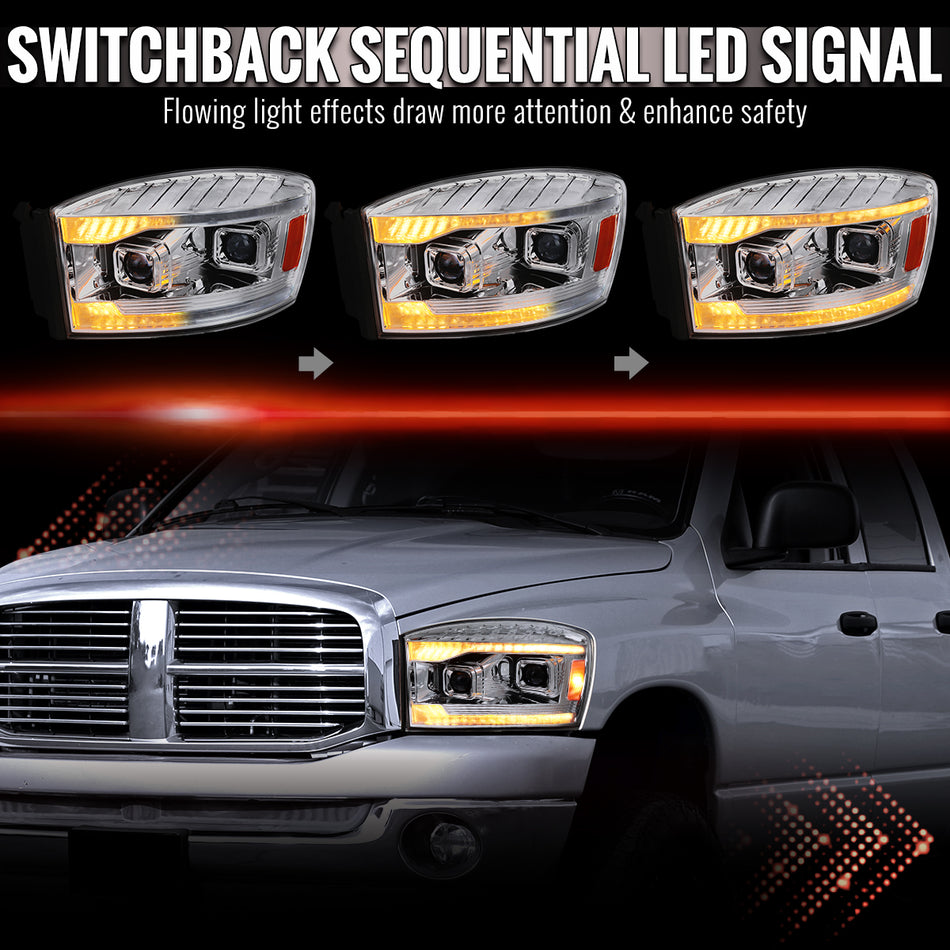 2006–2008 Dodge RAM 1500 / 2006–2009 RAM 2500 3500 Projector Headlights with Switchback Amber LED Strips, Sequential Turn Signals, DRL & Startup Animation (Chrome Housing / Clear Lens)