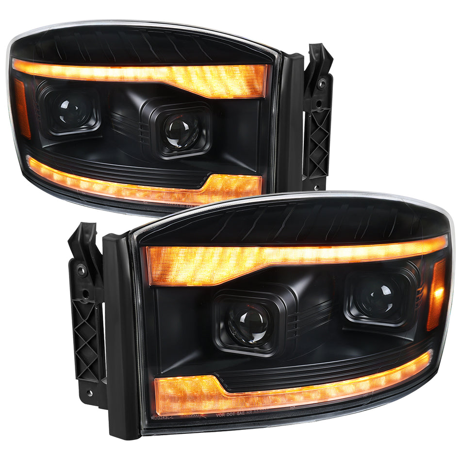 2006–2008 Dodge RAM 1500 / 2006–2009 RAM 2500 3500 Projector Headlights with Switchback Amber LED Strips, Sequential Turn Signals, DRL & Startup Animation (Black Housing / Clear Lens)